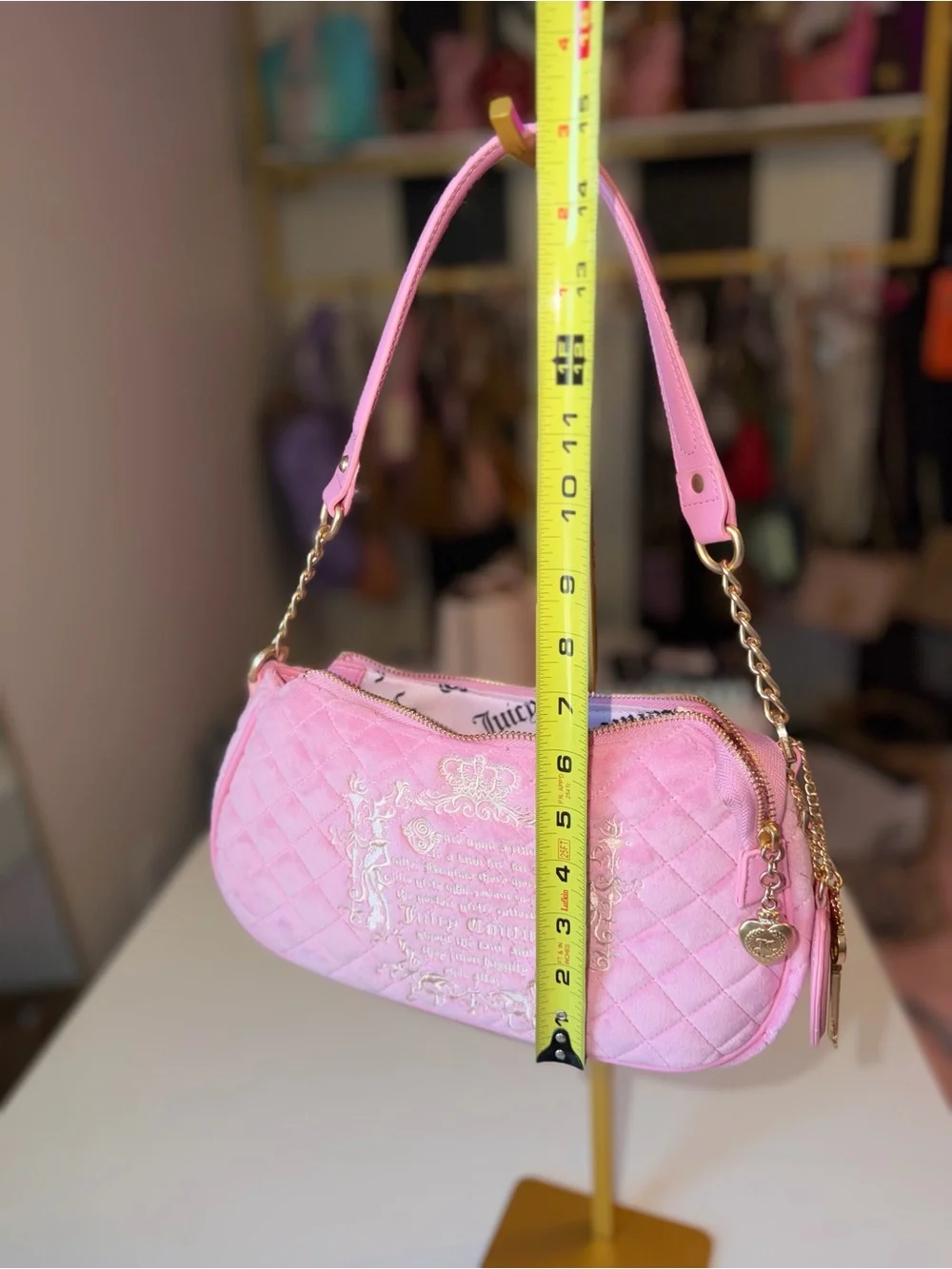 Juicy Couture Pink Velour Quilted Shoulder Bag w/ Heart Mirror & Key Charm gold